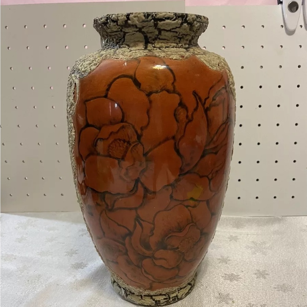Opal M Anderson Textured Crackled Vase With Flower Orange Print